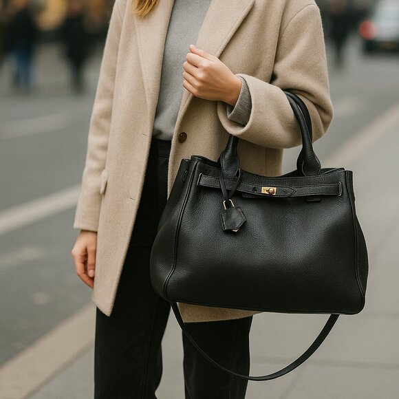 Suarez Made in Italy Black Leather Tote Shoulder Bag Gold Hardware Large Structu - Picture 1 of 16